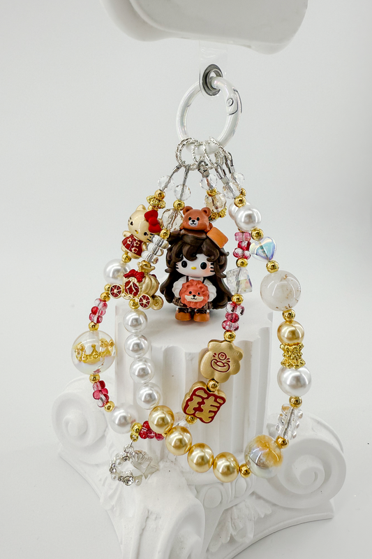 Lucky Hello Kitty Gold Crystal Pearl Charm + Card Combo