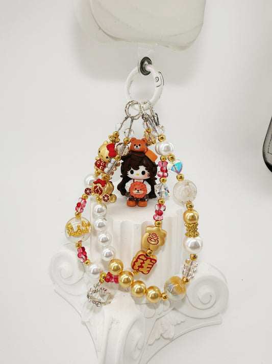 Handmade Hello Kitty Gold Crystal Sparkle Pearl Double Charm
