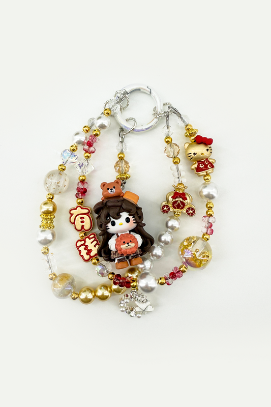 Lucky Hello Kitty Gold Crystal Pearl Charm + Card Combo