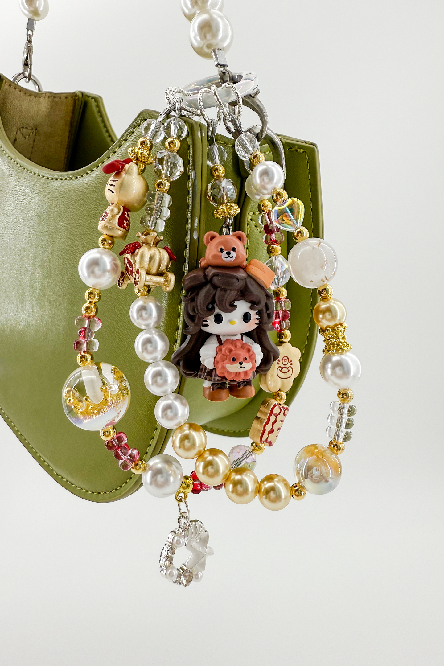 Lucky Hello Kitty Gold Crystal Pearl Charm + Card Combo