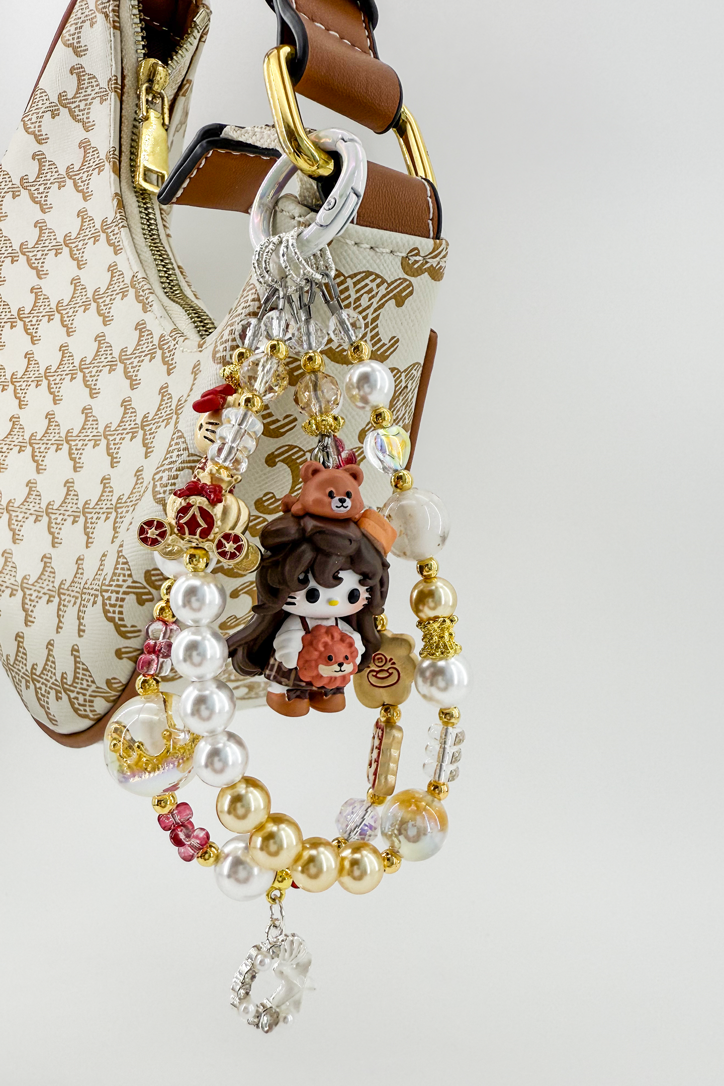 Lucky Hello Kitty Gold Crystal Pearl Charm + Card Combo