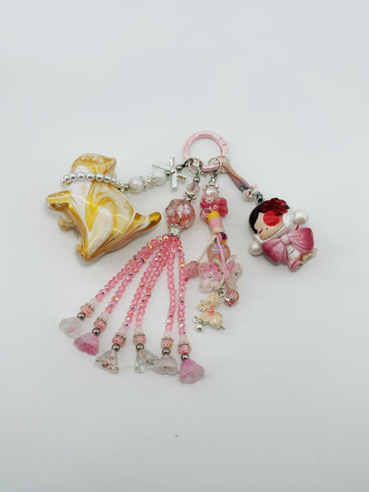 3D Kitty Handmade Chain SKULLPANDA Boutique  Keychain Bag Chain  with Crystal Charm + Card Combo